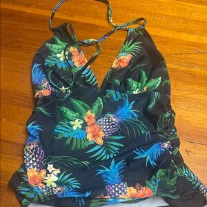 Black and Green One Piece Swimwear with Tropical Print